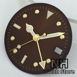 28.8mm Brown Coffee Dial With Gold Edge Time Marks Green Luminous For NH34 NH35 Movement Date Window