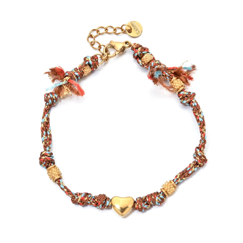 Boho New 2025 Creative Color Rope Heart Beads Bracelet 18K Gold Plated Stainless Steel Fashion Jewelry Accessories
