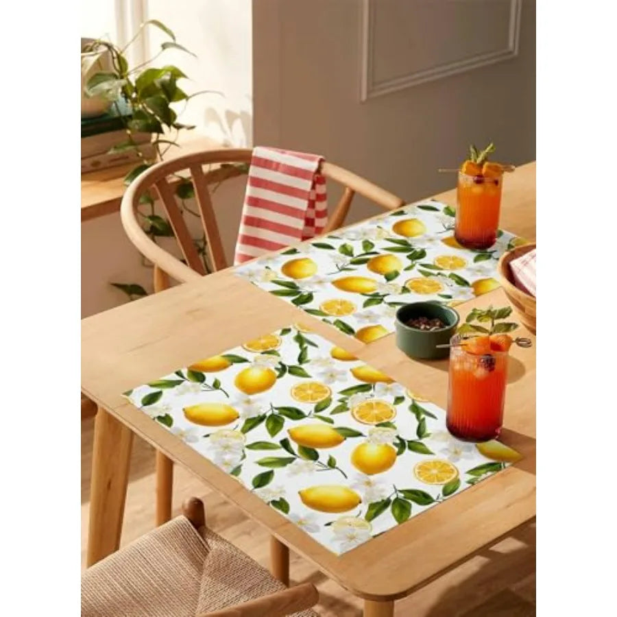 Table Placemats Set of 4 Country Watercolor Lemon Leaf Wipeable Place Mats for Dining Tables Summer White Wildflower Washable T