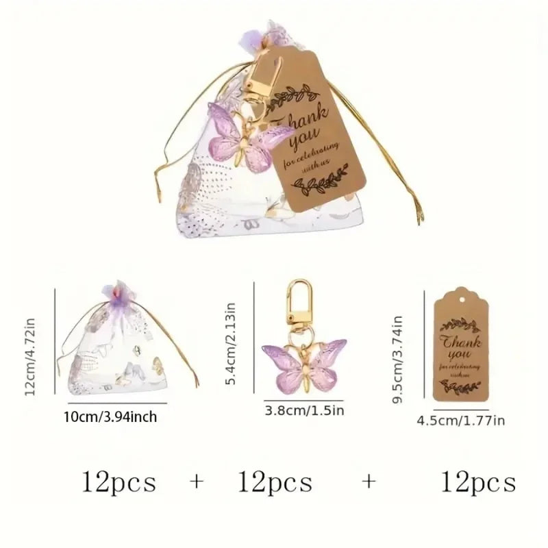 36pcs, Butterfly Keychain Gift Set, 12pcs Acrylic Purple Keychains, 12pcs Brown Cards and 12pcs Organza Drawstring Bags, Gender