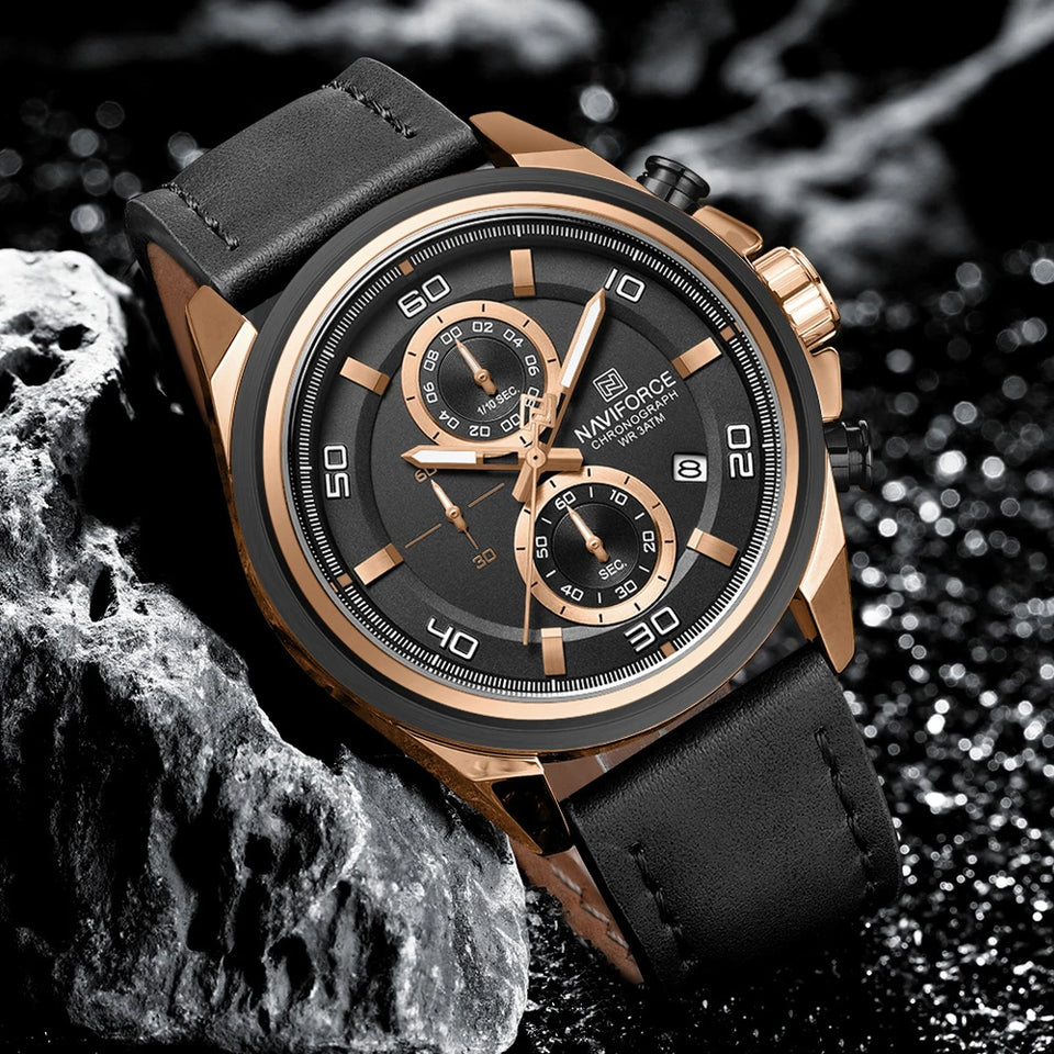 NAVIFORCE Waterproof Watches for Men Original Brand Luxury Leather Men's Quartz Wristwatch Fashion Military Chronograph Male