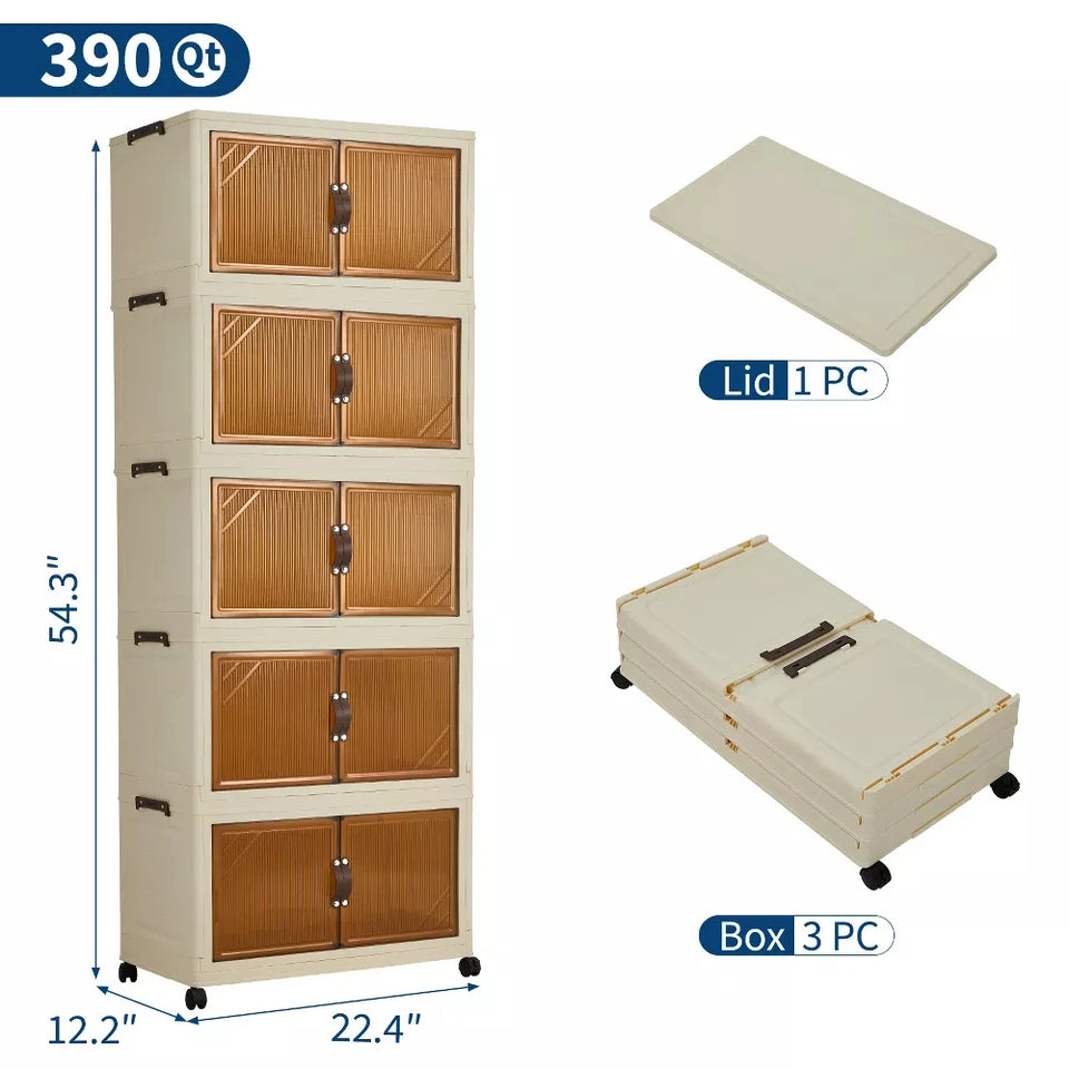 3/4/5-Tier Foldable Storage Cabinet with Lids & Wheels, Stackable Plastic Organizer for Closet, Bedroom, Office & Kitchen
