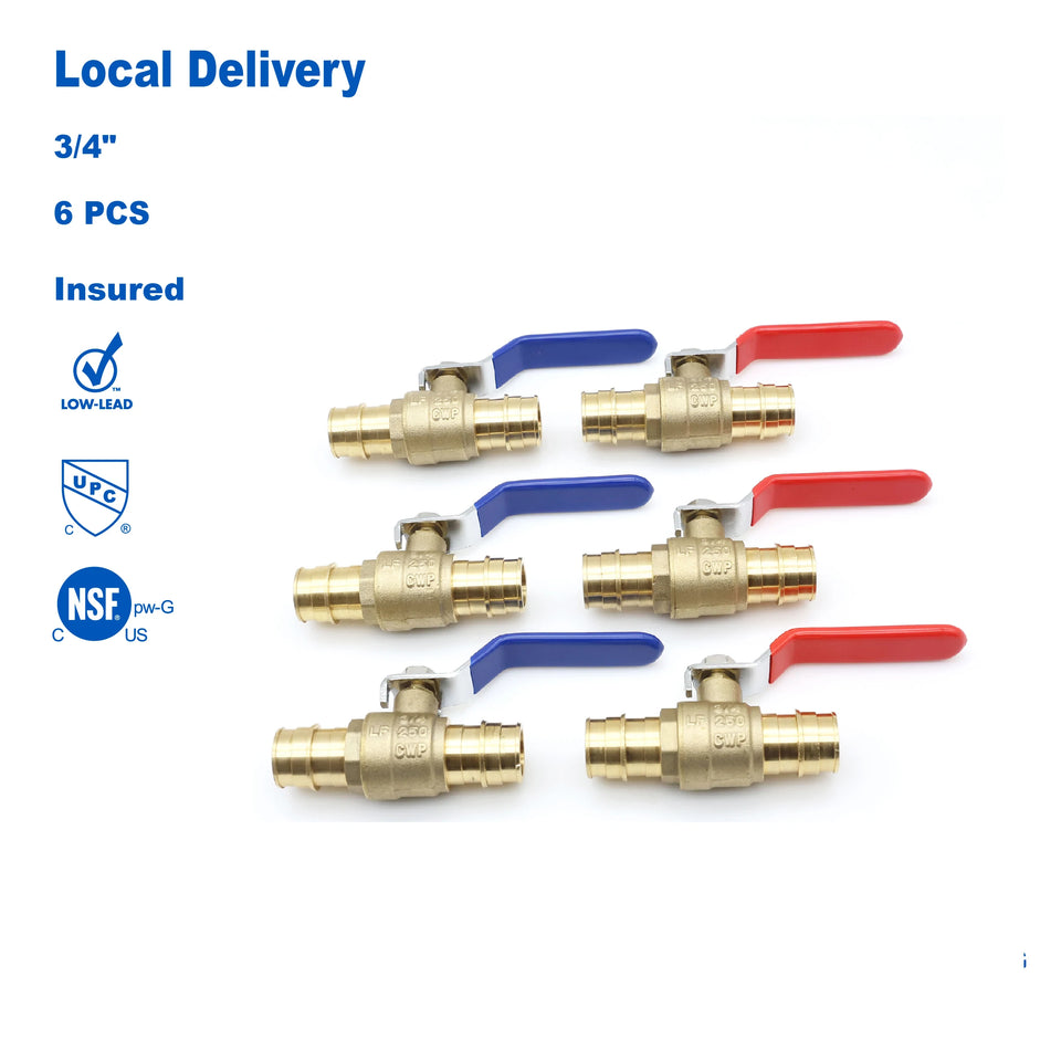 KING SMART 3/4" PEX A/F1960 PEX Ball Valve; CUPC NSF Lead Free Certified; for Hot and Cold Water; 1/4 Turn; 6 Pcs; 80283