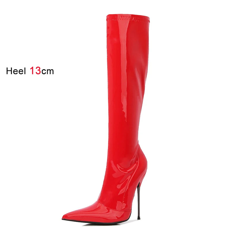 Knee-High Modern Boots Pointy Toe Women Shoes 13cm Ultra Thin Steel High Heels Metal Heel Calf Boots for Women Fun Shoes Size 46