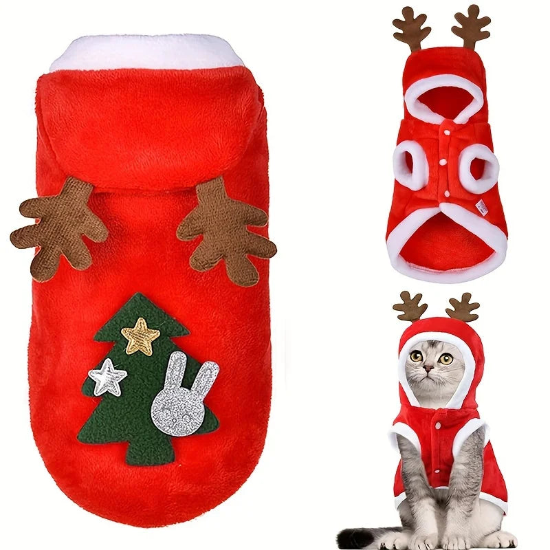 Dog Red Christmas Elk Costumes Winter Pets Hoodie Warm Sweatshirts with Pockets for Small Medium Dogs Puppy Cats Party Clothes
