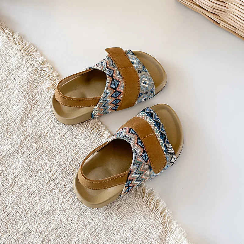 Summer Children Causal Sandals New Boho Toddler Beach Slippers for Girls Outdoor Daily Wear Non-slip Kids Retro Open-toe Sandals