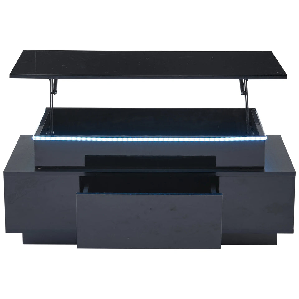 KOMHTOM Black height adjustable coffee table high gloss coffee table with hidden storage, drawer and LED lighting