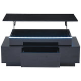 KOMHTOM Black height adjustable coffee table high gloss coffee table with hidden storage, drawer and LED lighting