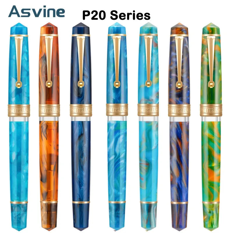 Asvine P20 Piston Filling Fountain Pen Acrylic Beautiful Patterns M/F/EF Nib with Golden Clip Office School Supplies Stationery