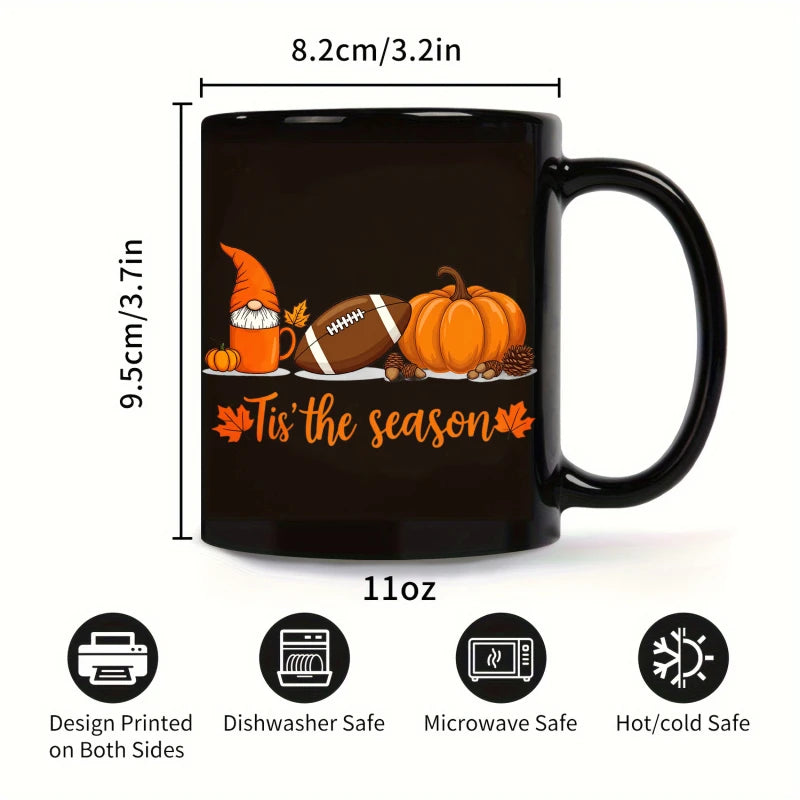 A black Egyptian temple designed ceramic cup with hieroglyphics and columns is suitable for drinking coffee, tea, or water at ho