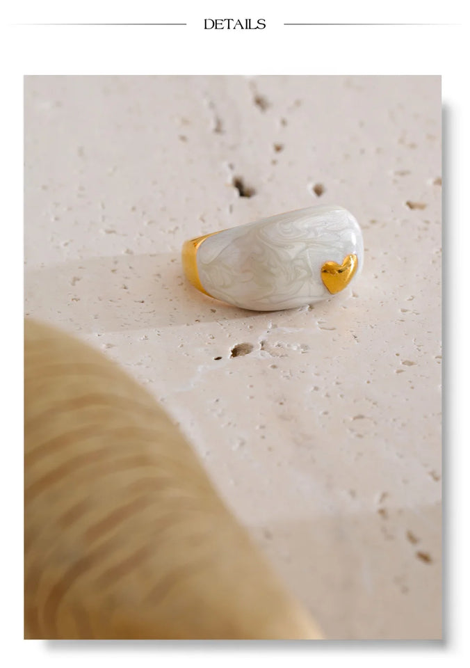 Yhpup Size 6789 New Arrivals White Enamel Heart Casting Ring Waterproof 18K Gold Color PVD Plated Stylish Chic Jewelry