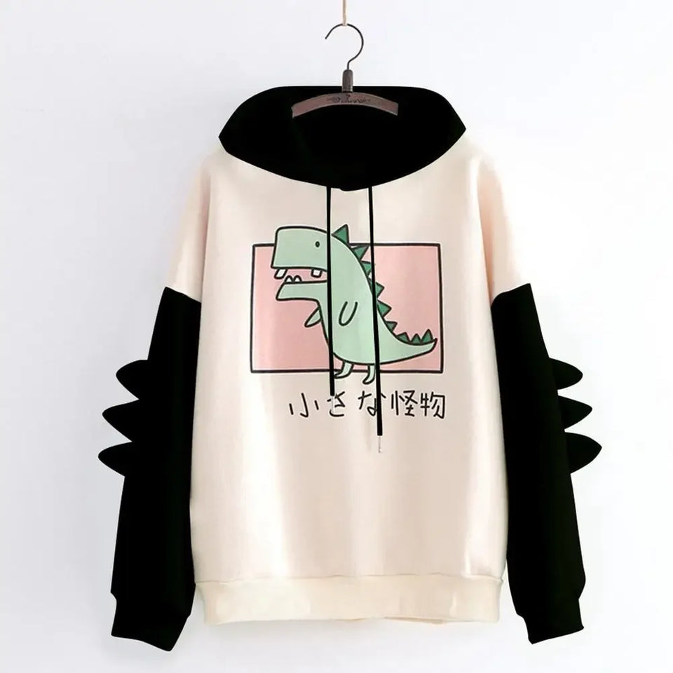 Winter Cute Dinosaur Cartoon Hoodie Women Fashion Sweatshirt Casual Print Long Sleeve Korean Style Splice Tops Kawaii Clothes