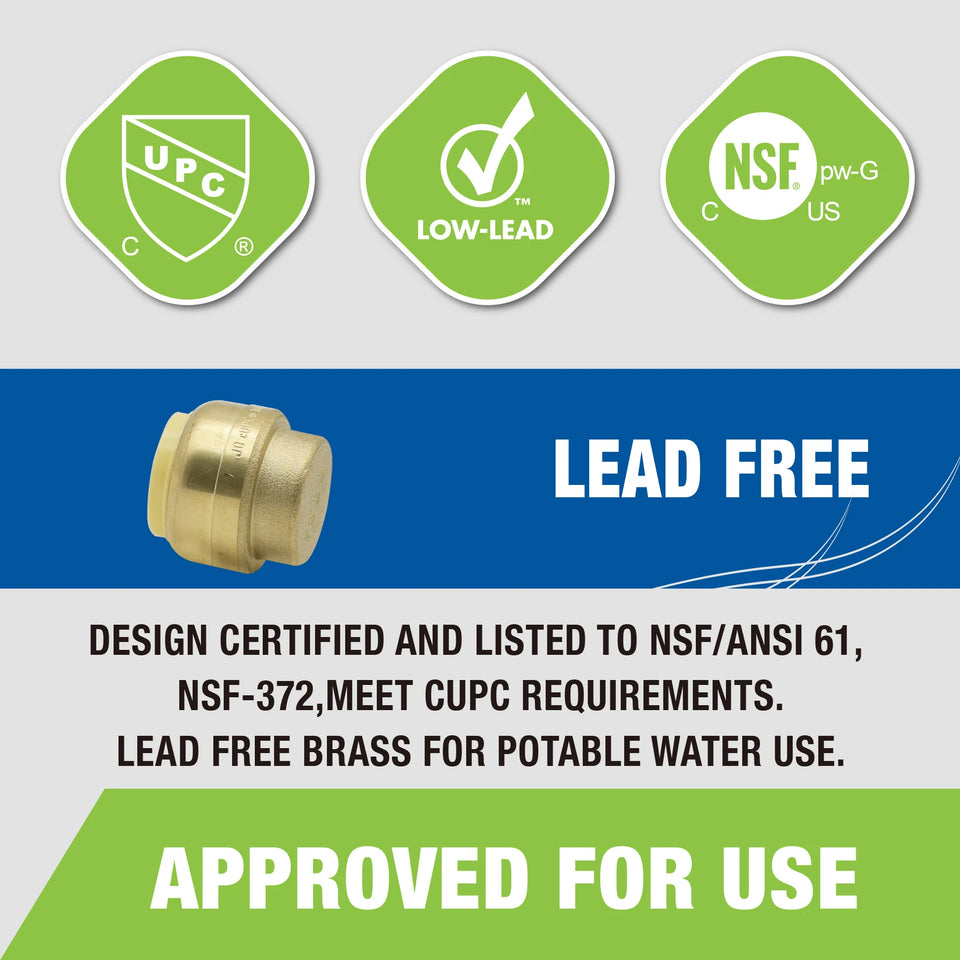 KING SMART 1/2" Push Fit Plug/End Cap CUPC NSF Lead Free Certified; DZR Lead Free Brass; 10Pcs; 80512