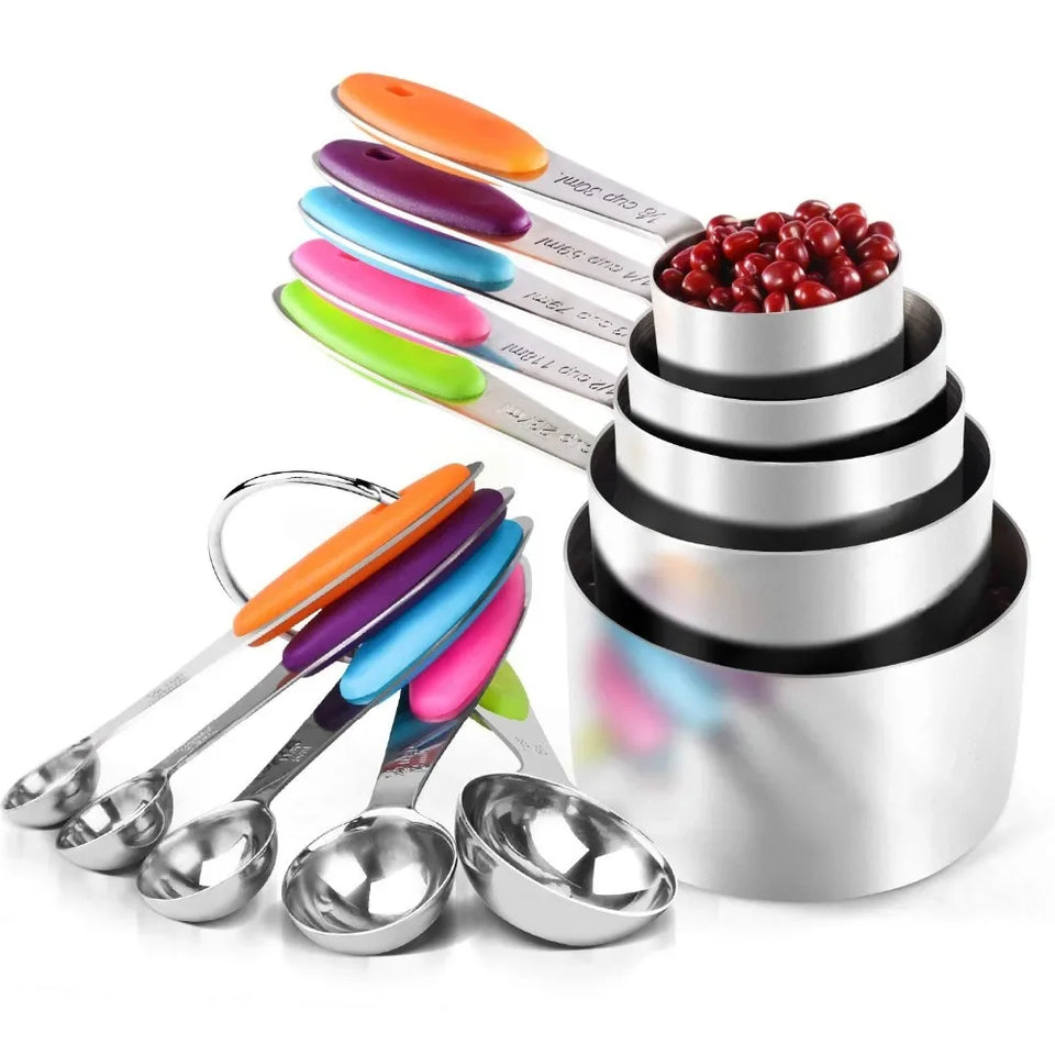 10Pcs Stainless Steel Measuring Cups and Spoons Set Stackable Tablespoons Measuring Spoons Tea Coffee Kitchen Measuring Tools