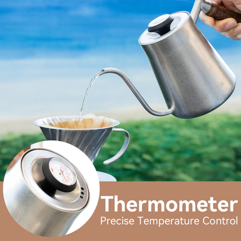 CF WISDOM Vintage Classic Silver Stainless Steel 600ML Coffee Hand Brewing Pot Temperature Display Water Bottle Coffee Utensils