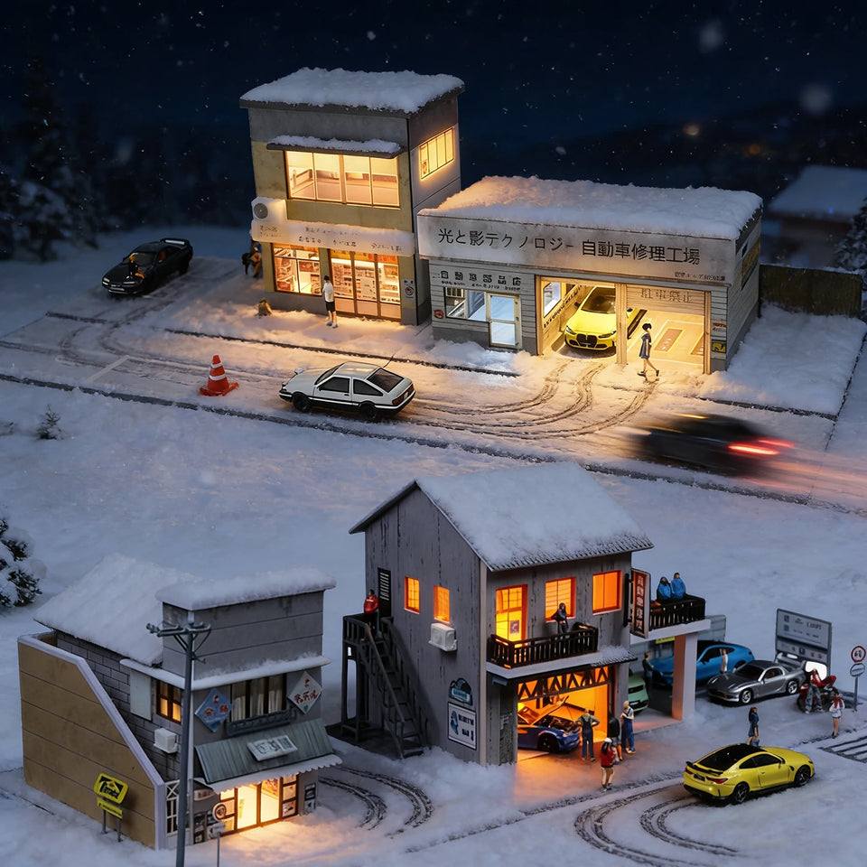 Diorama 1/64 Car Parking Lot with LED Lighting Japanese Commercial Building Model Scene Garage Display Model US
