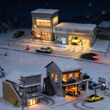 Diorama 1/64 Car Parking Lot with LED Lighting Japanese Commercial Building Model Scene Garage Display Model US