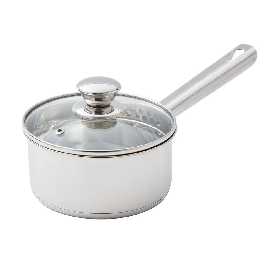 Oven Safe Stainless Steel Saucepan with Straining Lid 1qt Dishwasher Safe Induction Compatible Heat Resistant Glass Lid Durable