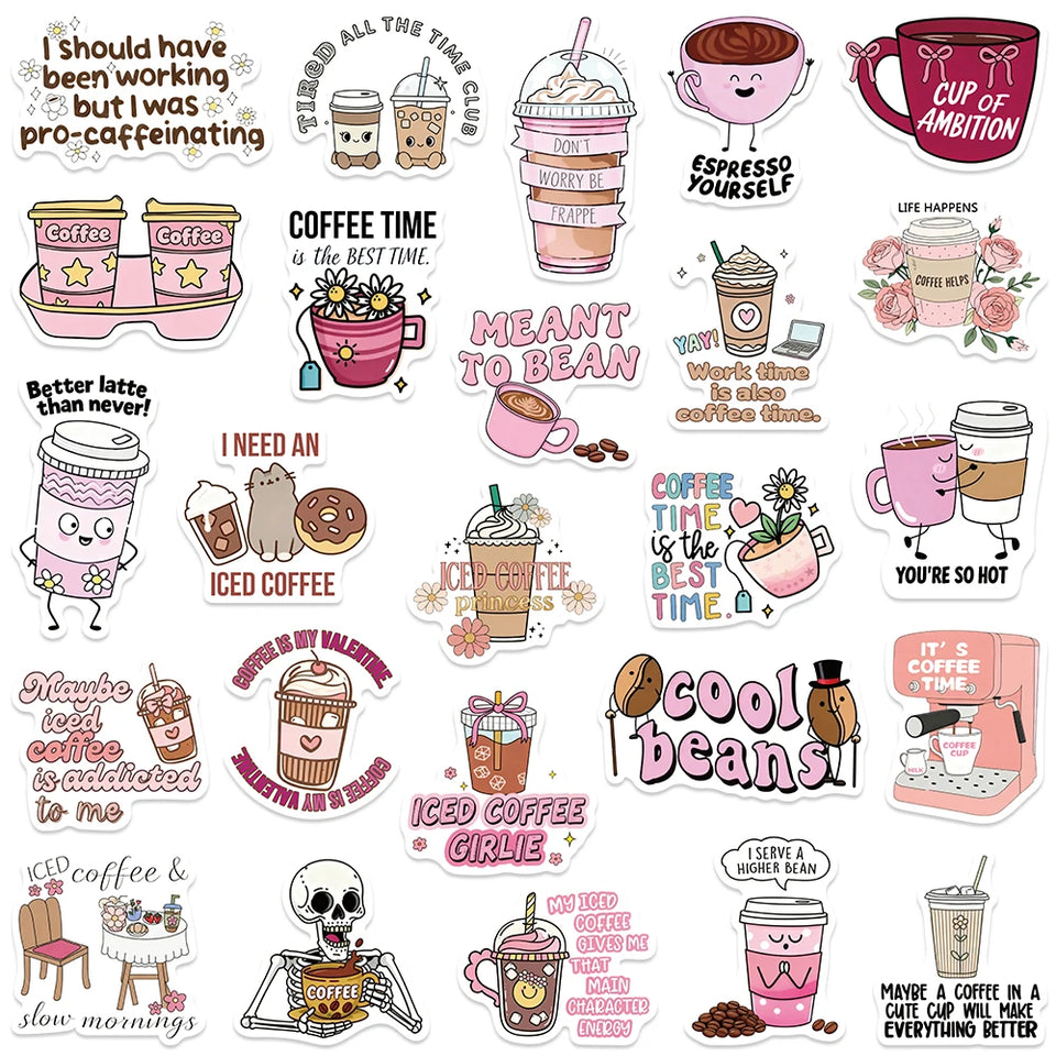 50pcs Funny Coffee Stickers Cute Cartoon Animals Decal DIY Handbook Laptop Phone Suitcase Stationery Stickers For Teens Gift