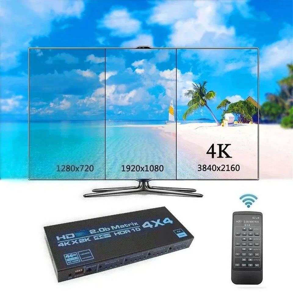 HDMI-compatible Matrix Switch 4x4, 4K Matrix Switcher Splitter 4 In 4 Out Box with EDID Extractor and IR Remote Control