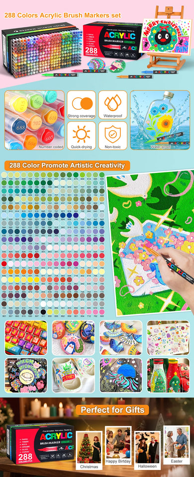 366 Colours Acrylic Markers Flexible Brush Tip Acrylic Paint Marker for Painting Stone Fabric Glass Ceramic Canvas Paper Wood