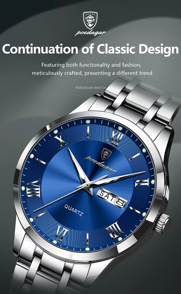 POEDAGAR Luxury Man Clock Waterproof Luminous Week Date Fashion Men's Wristwatch Stainless Steel Business Quartz Watches For Men