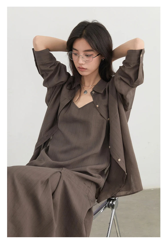 CHIC VEN Women Dress Sets Stripe Shirt Loose Casual Long Sleeve Sunscreen Blouses Camisole V-neck Dresses Spring Autumn 2025