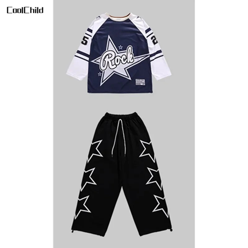 Girls Hip Hop Star Sweatshirt Vest Joggers Pants Boys Cool Streetwear Clothes Set Kids Children Jazz Street Dance K-pop Costumes