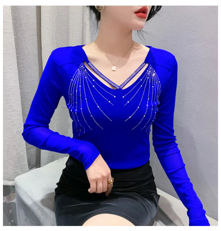 Autumn New Women Mesh Tops Fashion Hollow Out V-Neck Long-Sleeved T-Shirt Classic Shiny Diamonds Bottoming Shirt Elasticity Tees