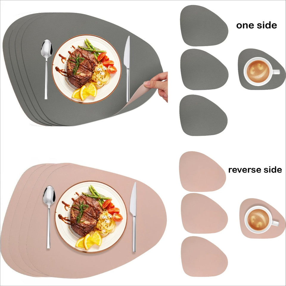 Double Sided Anti Slip PU Pad Table Mat with Coaster Oil-Proof Waterproof Leather Placemat Kitchen Dinner Coffee Tables Mats