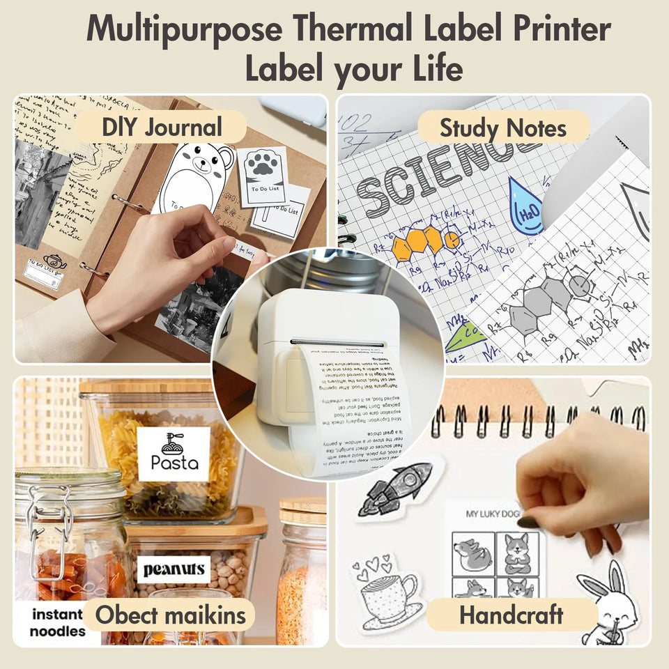 Inkless Thermal Label Printer Portable Bluetooth Pocket Label Maker Home Study with 1roll Stickable Label Paper PC Android IOS