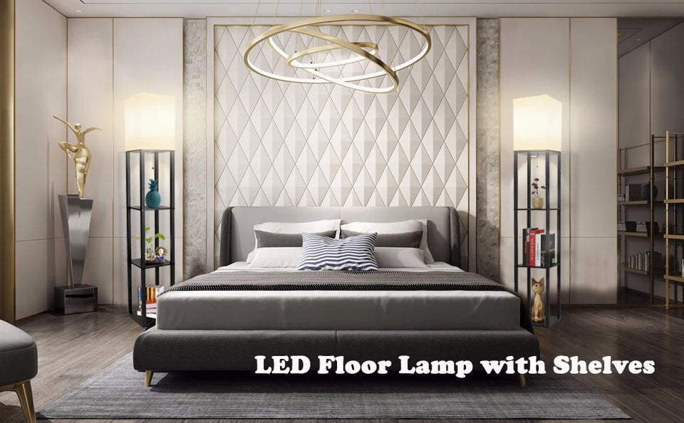 Floor Lamp with Shelves Modern Standing Shelf Lamp with 3 Color Temperature LED Bulb White Shade for Living Room Bedroom Office