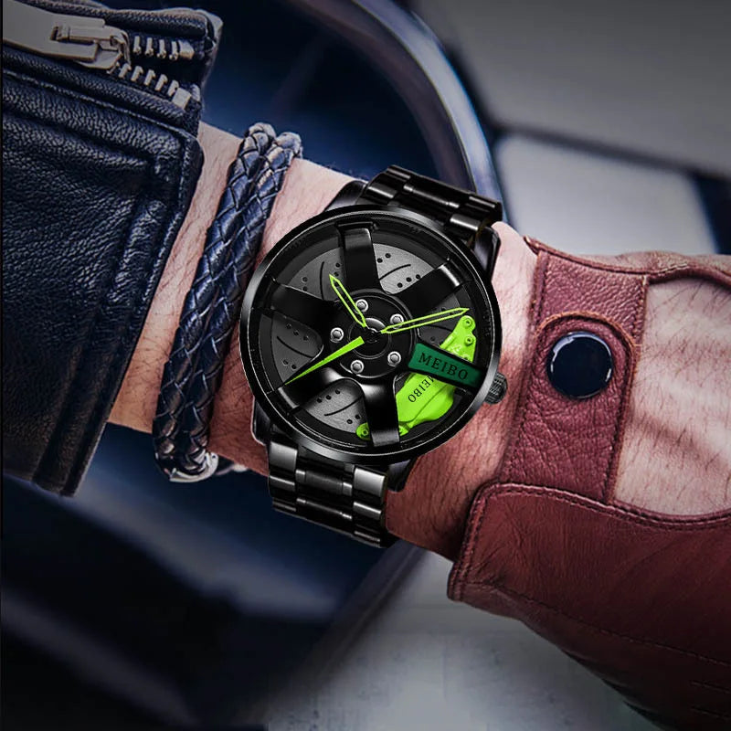 New Top Men Stainless Steel Watches Mens Car Wheel Hub Leather Quartz Watch For Male Military Sport Watch Relogio Masculino Hot