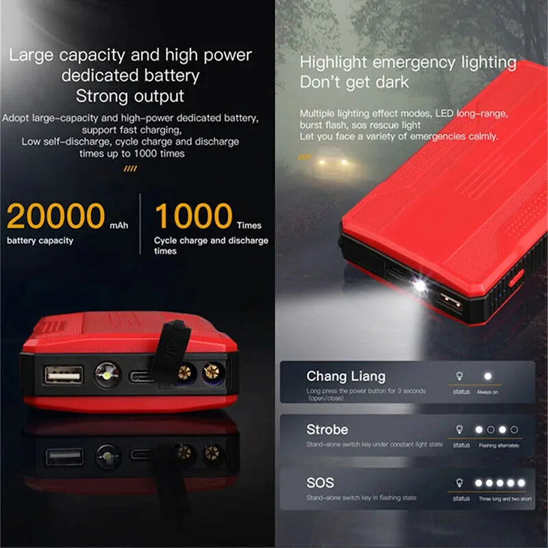 Minus Two 1000A Car Jump Starter with Air Compressor 12V Emergency Booster for Gas & Diesel Vehicles