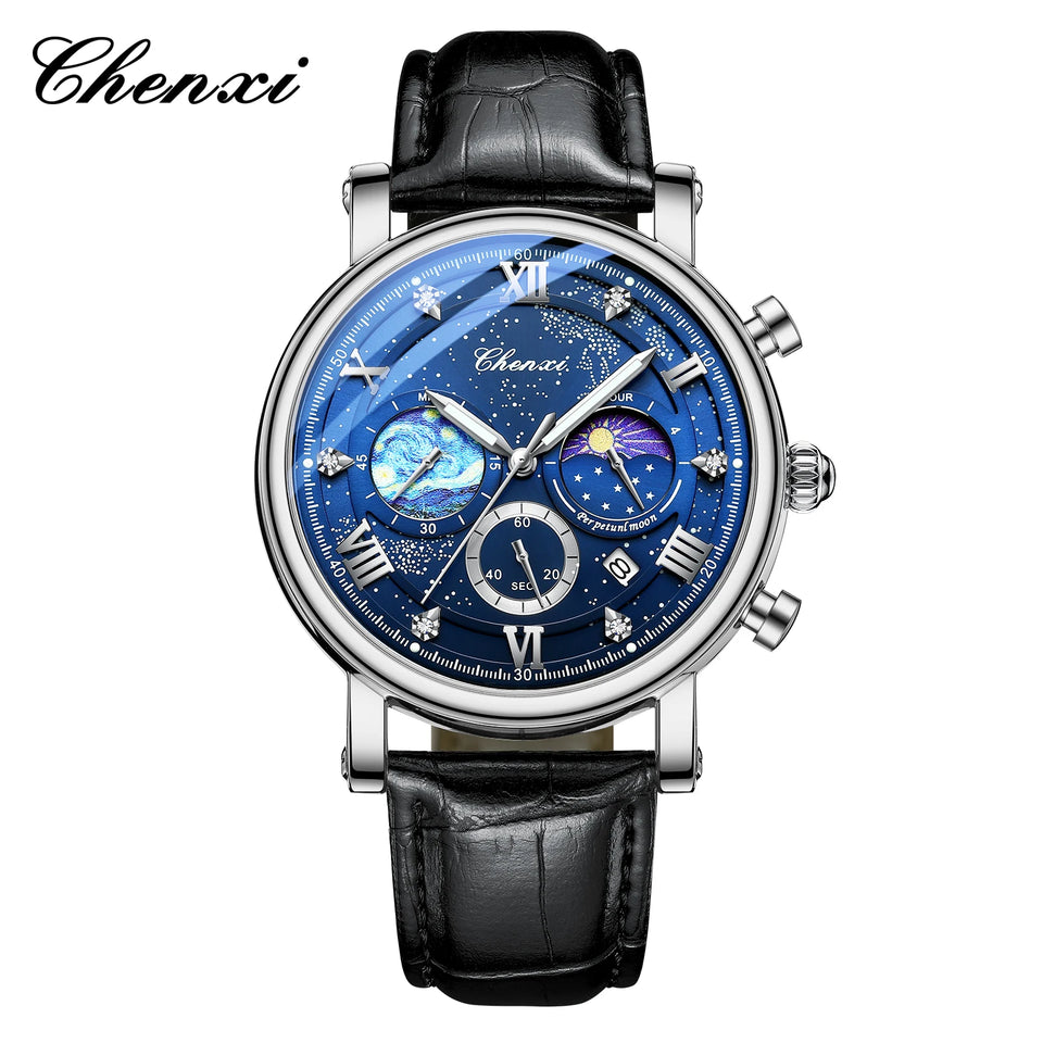 CHENXI Watches Luxury Men Waterproof Star Luminous Watch For Man High Quality Quartz Chronograph Leather Wristwatches Clock Male