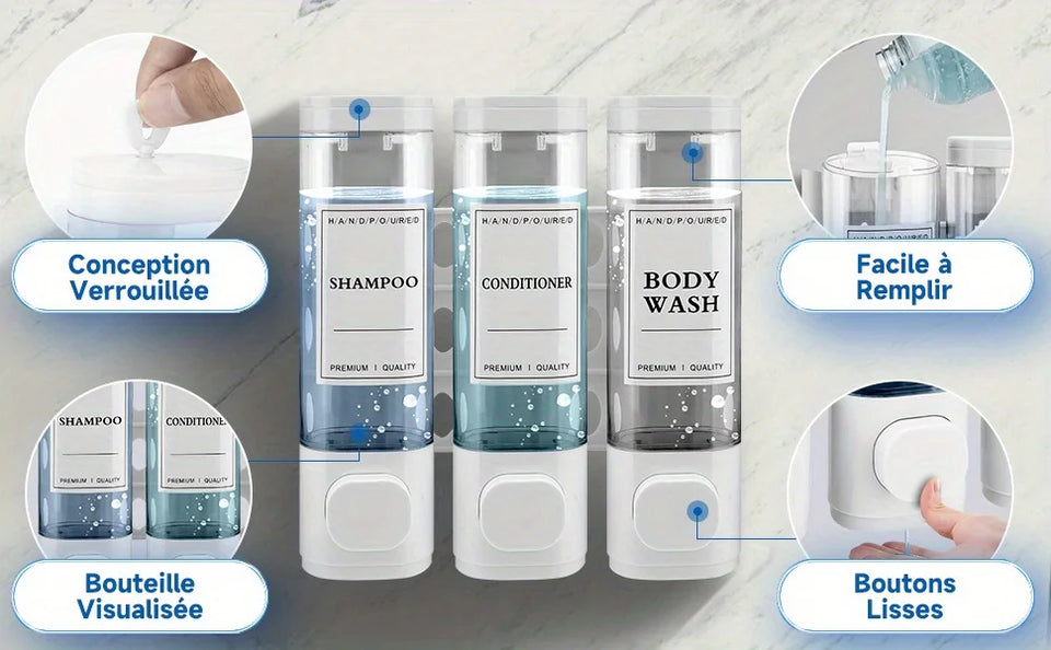 Wall-mounted Soap Dispenser, Shower Gel Dispenser, 3-in-1 Shampoo and Conditioner Dispenser, No Drilling Required, ABS Material,