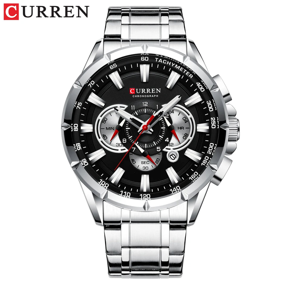 CURREN 8363 Casual Sport Chronograph Men's Watches Stainless Steel Band Wristwatch Big Dial Quartz Clock with Luminous Pointers