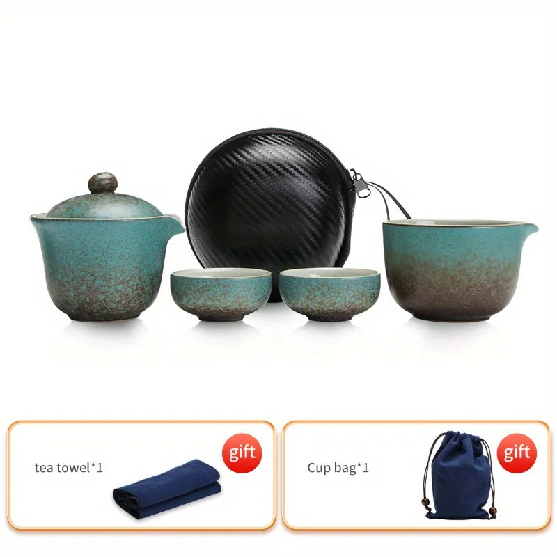 A set of exquisite ceramic tea ware, suitable for outdoor camping and home use, with a portable teapot.