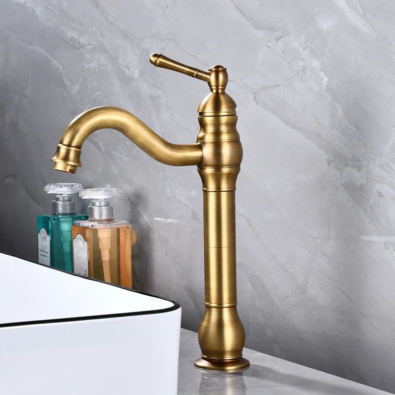 Antique Brass Basin Faucet Deck Mounted Single Handle Bathroom Accessories Crane Long Spout Lavatory Sink Hot Cold Mixer Tap