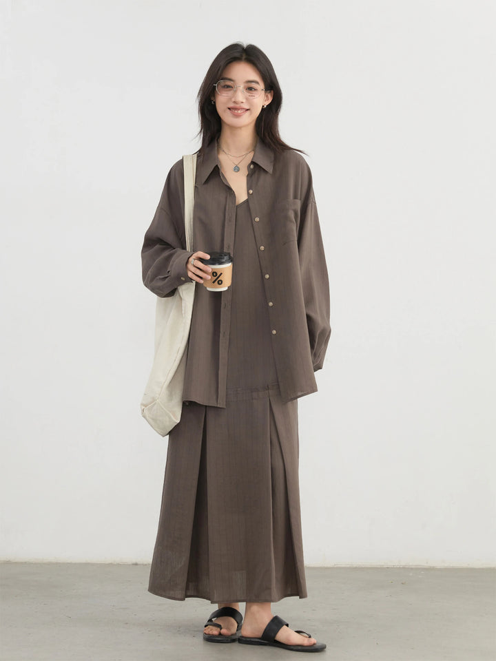 CHIC VEN Women Dress Sets Stripe Shirt Loose Casual Long Sleeve Sunscreen Blouses Camisole V-neck Dresses Spring Autumn 2025