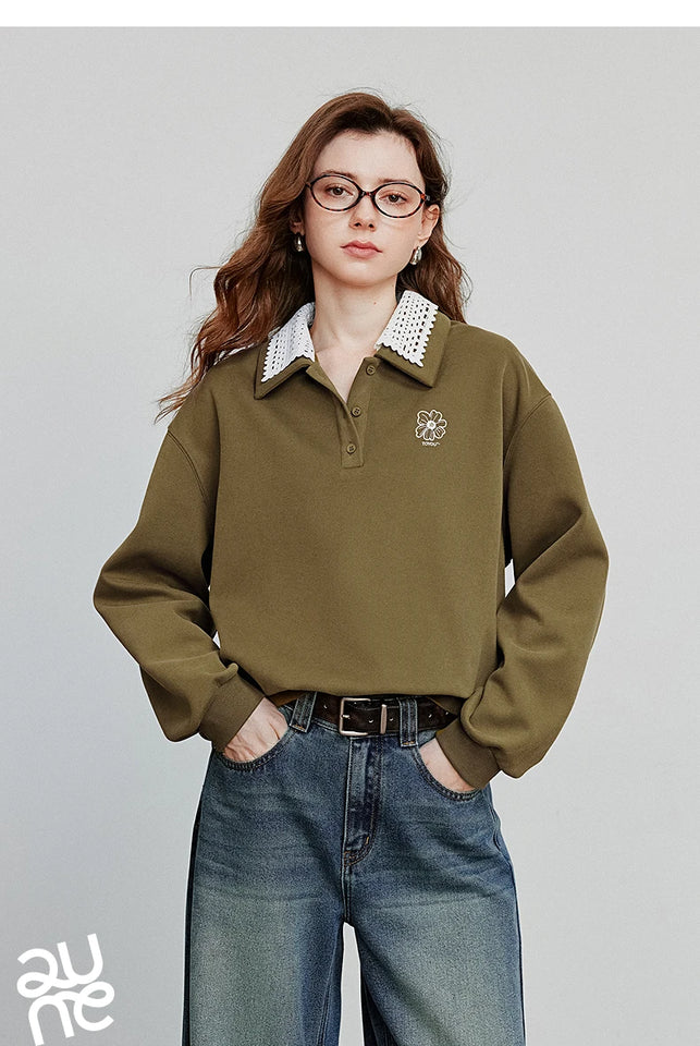 TOYOUTH Women Sweatshirt 2025 Autumn New Green Velvet Embroidery Contrasting Color Splicing Double Layer Collar Pullover Hoodies