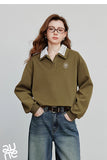 TOYOUTH Women Sweatshirt 2025 Autumn New Green Velvet Embroidery Contrasting Color Splicing Double Layer Collar Pullover Hoodies
