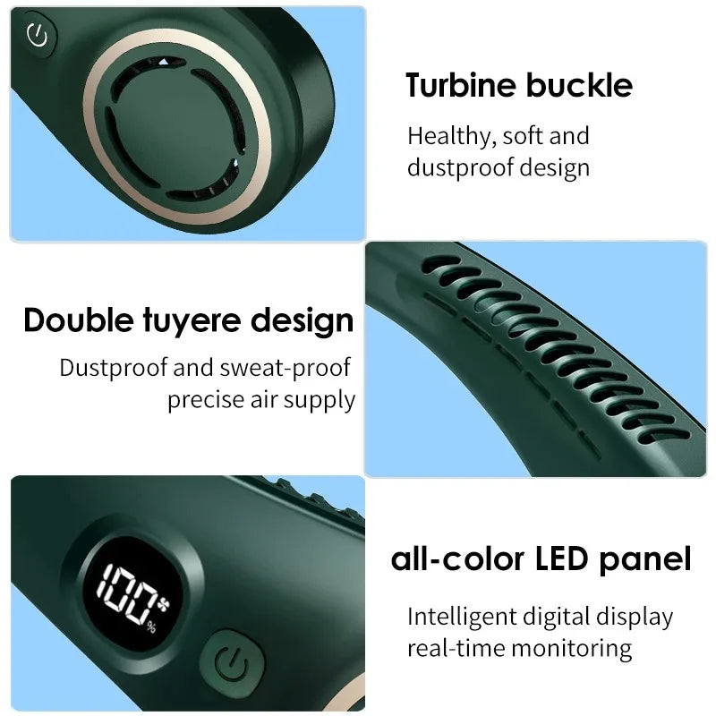 Mini Fan Silent Neck Hanging Fan Usb Portable Bladeless Rechargeable Led Digital Display Electric Air Cooler Summer Sports Fan