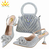 Orange Color New Arrivals Italian Design Nigerian Women Shoes and Bag Set Pointed Toe Slipper with Shinning Crystal for Party