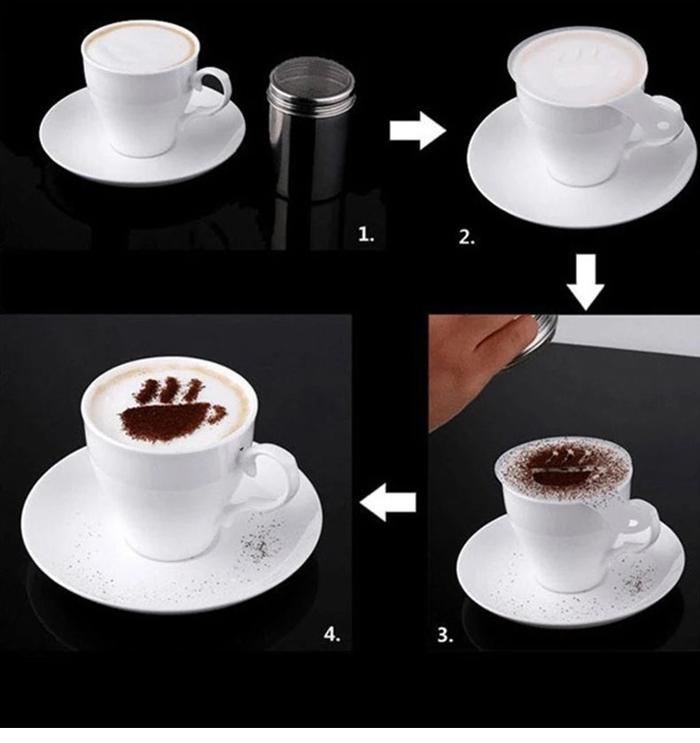 1pc Stainless Steel Chocolate Shaker Cocoa Flour Coffee Sifter Or 16Pcs Coffee Stencils Template Strew Pad Duster Spray Tools