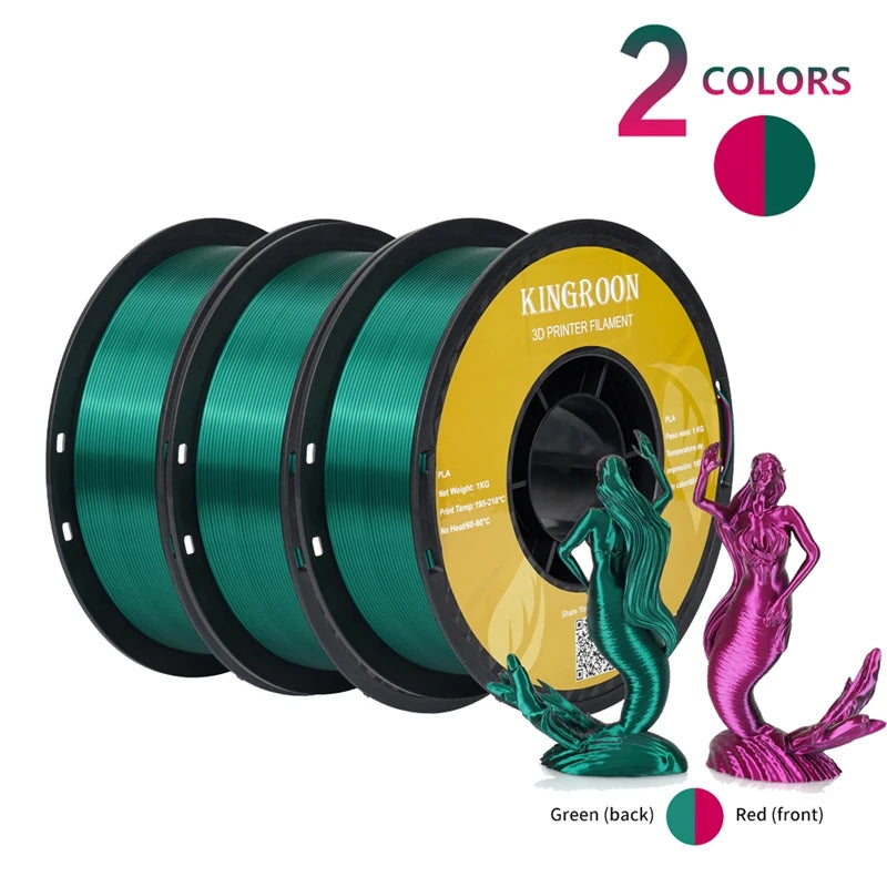 KINGROON Dual-color Silk PLA Filament 1.75mm 2 Color Coextrusion Glossy 3D Printer Filament PLA, 3kg/pack 1kg each spool