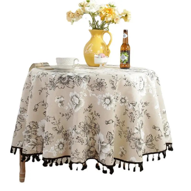 Cotton Linen Nodic Pastoral Black Peonies Black Tassel 150cm Round Tablecloth for Coffee Tables Table Cover Round Table Cloth