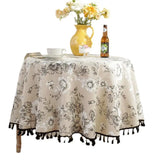 Cotton Linen Nodic Pastoral Black Peonies Black Tassel 150cm Round Tablecloth for Coffee Tables Table Cover Round Table Cloth