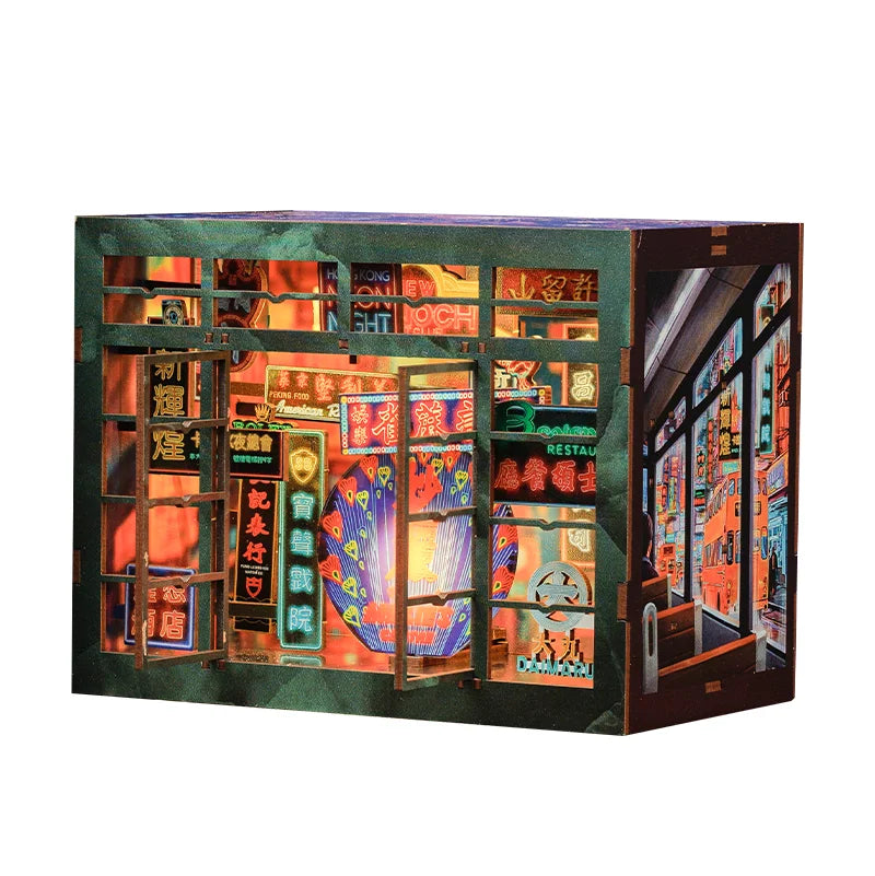 CUTEBEE 3D Wooden Bookend DIY Dollhouse Kit Bookshelf Insert with Led Light Hong Kong Night for Birthday Party Gift