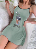 New Womens Summer Cute Coffee Letter Print Sleep Dress Spaghetti Strap Mini Cami Nightgown Lettuce Hem Contrast Trim Loungewear